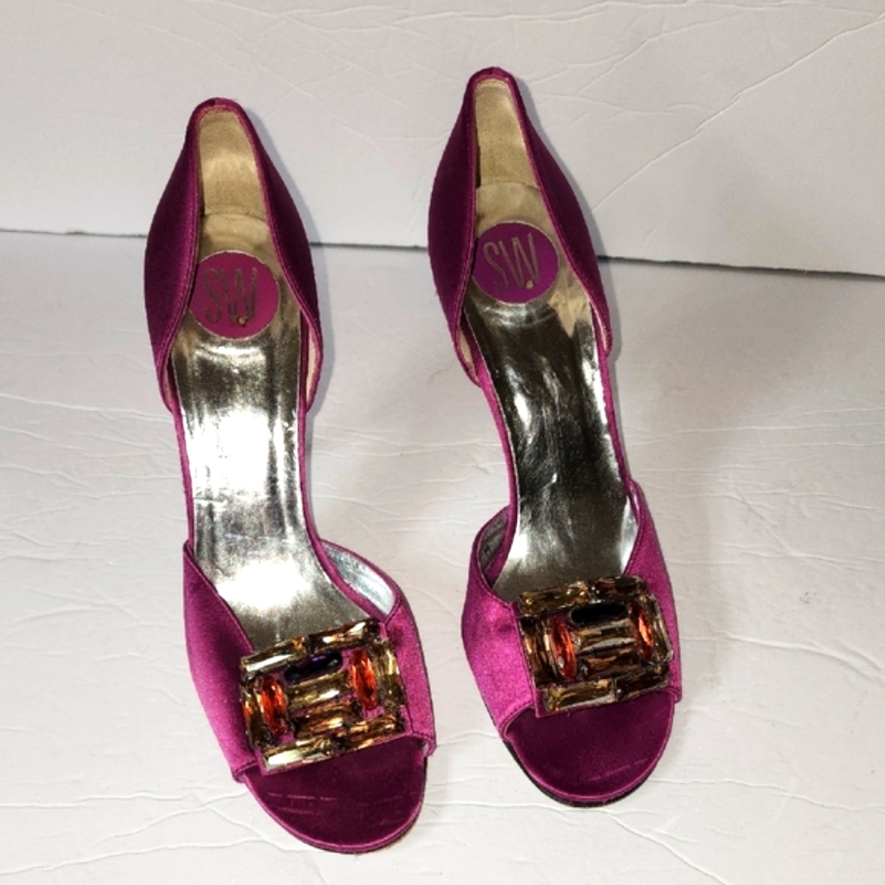 Stuart Weitzman Burgandy Satin Peep-Toe Heels